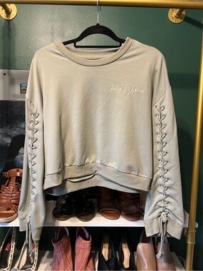 Cozy Beach Please Lace-Up Sleeve Crop Sweatshirt - Sage
